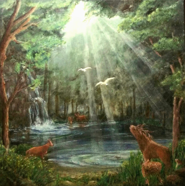 Hertendrinkplaats 70x70 cm - Acryl op canvas - 300 euro